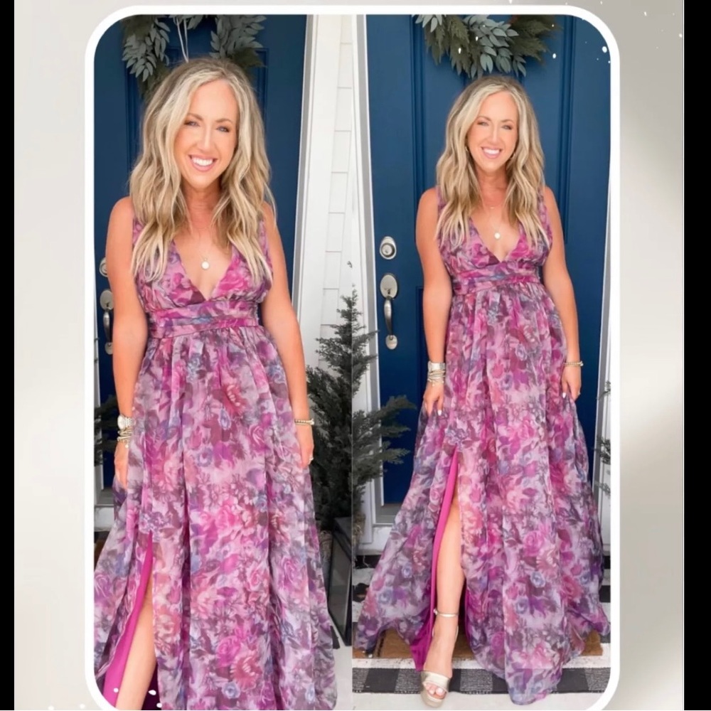 NWT Lulu's Garden Romance Magenta Floral Print Organza Maxi Dress size S reg $98